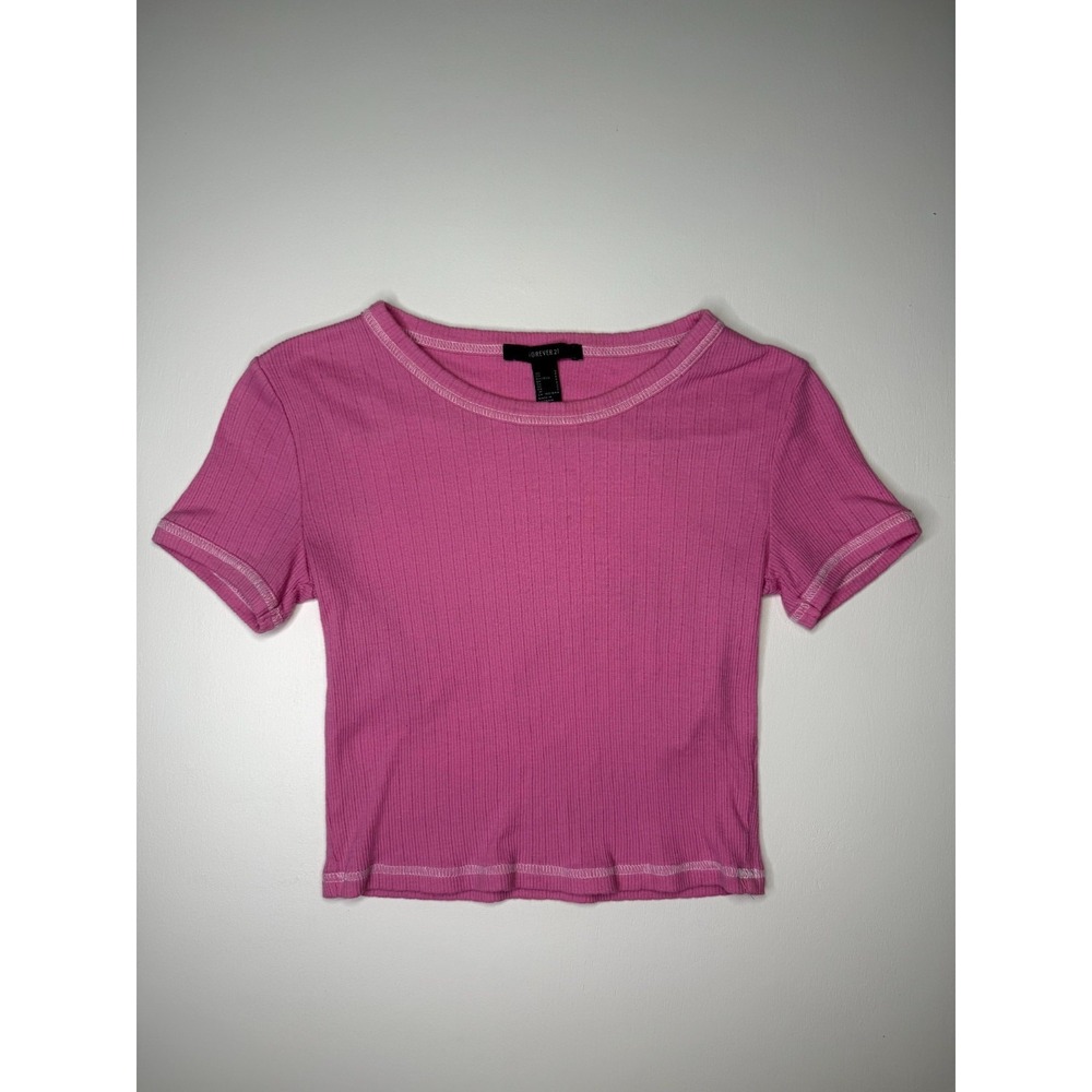 Forever 21 Tee Shirt Womens Small Pink Ribbed Everyday‎ Wear Cropped Knit Top